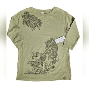 Chico's Zenergy Beaded Paisley Rib-Trim Olive Tunic Size 4/6